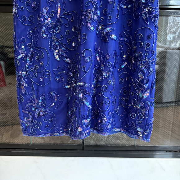 VTG ADRIANNA PAPELL DRESS 14 SILK BEADED BLUE FLORAL SEQUIN COCKTAIL RETRO SZ 6 - Picture 8 of 9